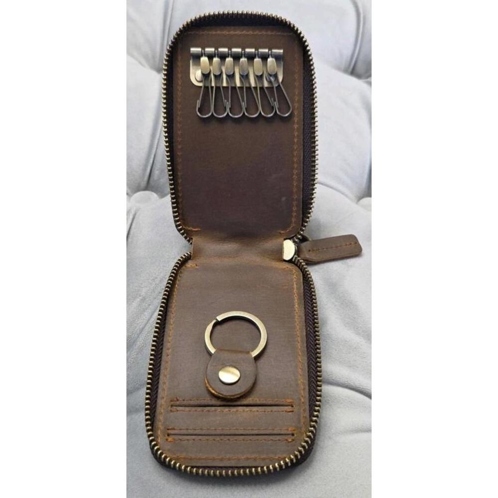 Jack & Chris Brown Leather Keychain Zip Around Multiple Hooks Pockets Card Slots